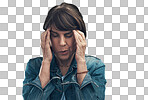 PNG studio shot of a senior woman experiencing a headache against a grey background