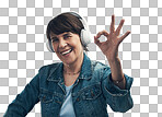 PNG Studio portrait of a senior woman making an okay gesture while wearing headphones 