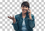 PNG studio portrait of a senior woman talking on a cellphone against a grey background
