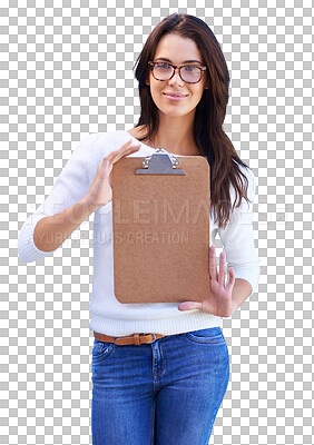 PNG portrait of an attractive young woman standing against a grey background and holding up an empty clipboard.
