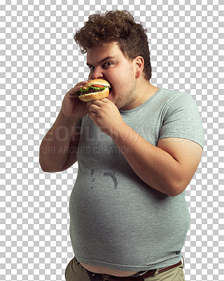 PNG Studio shot of an overweight man biting into a burger