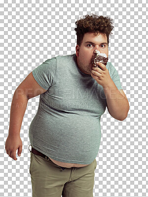 PNG of an overweight man messily eating a slice of cake