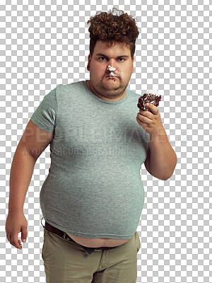 PNG of Shot of an overweight man messily eating a slice of cake