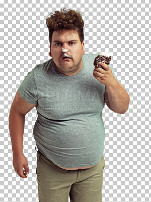 PNG of an overweight man messily eating a slice of cake