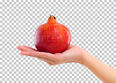 PNG Closeup studio shot of a woman holding up a pomegranate