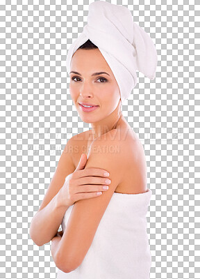 PNG beautiful woman with a towel wrapped around her body touching her shoulder