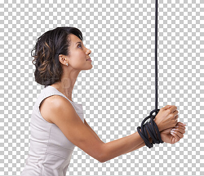 Buy stock photo PNG of Studio shot of a businesswoman tied up with ropes 