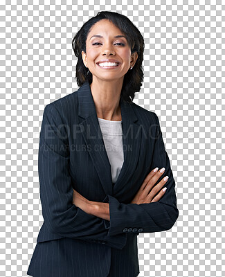 Buy stock photo Happy woman, business portrait and arms crossed in human resources career isolated on transparent png background . Face of HR worker or african person excited with corporate or professional fashion