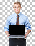 NG  handsome young businessman holding a laptop open
