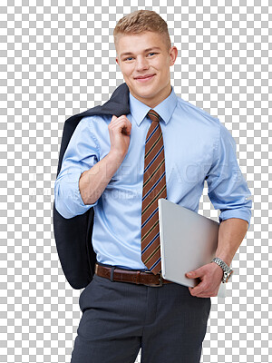 Buy stock photo PNG of a young businessman with his jacket over his shoulder holding a laptop