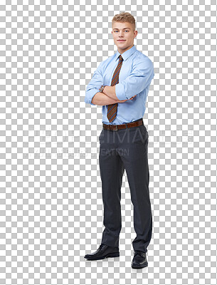 Buy stock photo PNG of a young businessman in a shirt and tie crossing his arms 