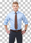 PNG of a young businessman in a shirt and tie with his hands on his hips