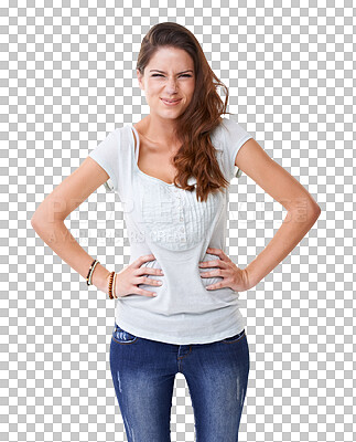 Buy stock photo Laugh, portrait of a woman with funny face isolated and against a transparent png background. Comedy or comic, humor emotion or goofy expression and female person laughing for a joke entertainment