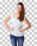 PNG of a beautiful young woman smiling with her hands on her hips