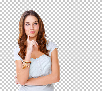 Buy stock photo Thinking, ideas and young woman or student with education, university or college decision isolated on transparent png background. Think, choice and inspiration of young person with scholarship choice
