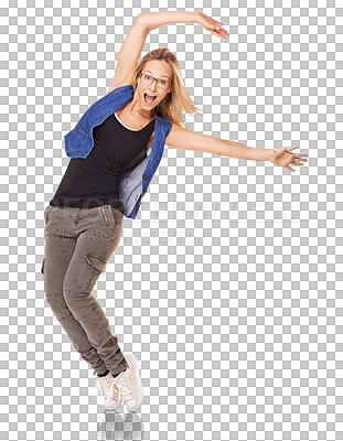 PNG Fun-loving young blonde dancing with her hands in the air - portrait