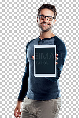 Buy stock photo PNG Studio portrait of a handsome young man holding a digital tablet with a blank screen