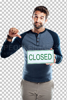 Buy stock photo PNG Studio portrait of a handsome young man holding a closed sign 