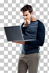 PNG Studio shot of a handsome young man using a laptop and looking confused