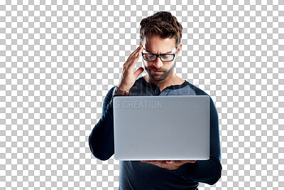 Buy stock photo PNG Studio shot of a handsome young man using a laptop and looking stressed