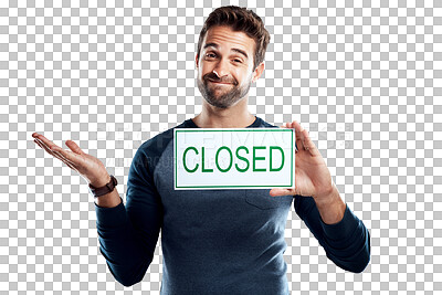 Buy stock photo PNG Studio portrait of a handsome young man holding a closed sign 