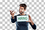 PNG Studio portrait of a handsome young man holding a hiring sign 