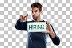 PNG Studio portrait of a handsome young man holding a hiring sign 
