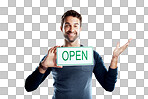 PNG of Studio portrait of a handsome young man holding an open sign