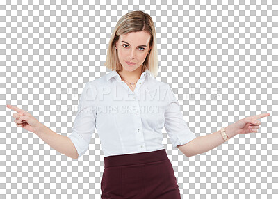 Buy stock photo PNG Studio shot of a young businesswoman pointing 