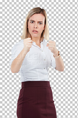 Buy stock photo PNG of Studio shot of a young businesswoman holding her fists up for a fight 