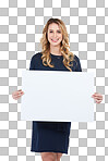 PNG of Studio shot of an attractive young woman holding a blank placard 