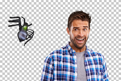 Buy stock photo PNG Studio shot of a young man cowering in terror at a spider 