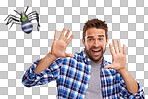 PNG Studio shot of a young man cowering in terror at a spider 