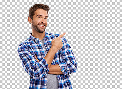Buy stock photo PNG of Studio shot of a handsome man pointing to copyspace 