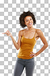 PNG Studio shot of an attractive young woman pointing towards something