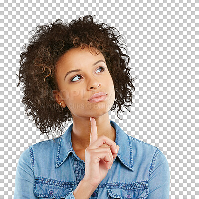 Buy stock photo PNG Studio shot of an attractive young woman looking thoughtful 