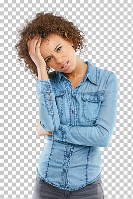 Buy stock photo PNG Studio shot of a young woman experiencing a headache 