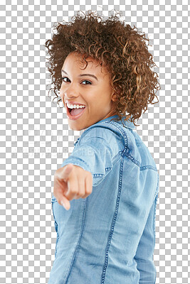 Buy stock photo PNG of Studio shot of a young woman pointing towards you