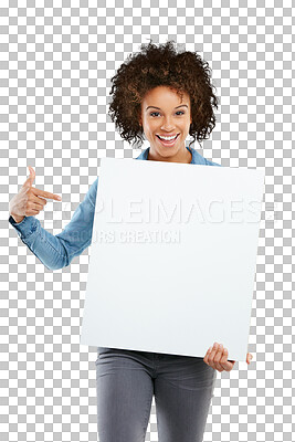 Buy stock photo PNG Studio shot of an attractive young woman holding a placard
