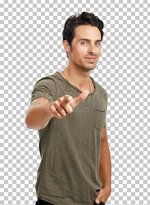 Buy stock photo PNG of a  handsome young man pointing a finger at you