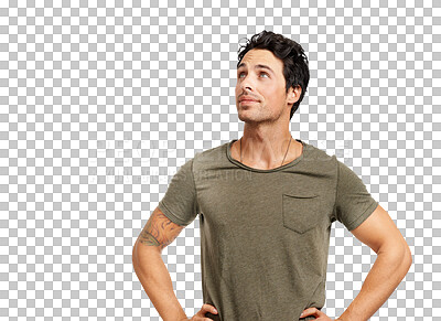 Buy stock photo PNG A handsome young man standing with hands on his hips looking up