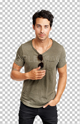 Buy stock photo PNG A trendy young man with sunglasses hanging around his neck