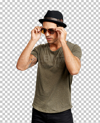 Buy stock photo PNG A trendy young man putting on sunglasses