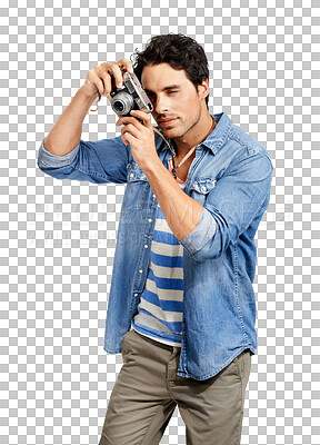 Buy stock photo PNG A handsome young man taking a picture with his camera