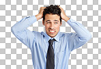 A frustrated businessman with his hands in his hair isolated on a png background