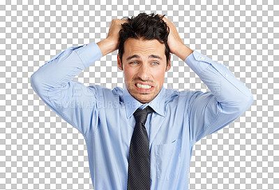 Buy stock photo A frustrated businessman with his hands in his hair isolated on a png background