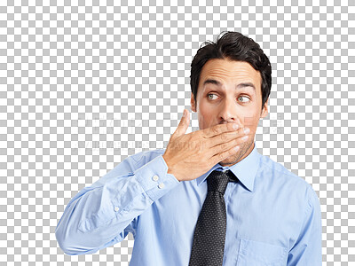 Buy stock photo A shocked businessman with his hand over his mouth isolated on a png background