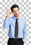 A businessman indicating a small size with his fingers isolated on a png background