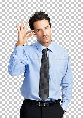 Buy stock photo A businessman indicating a small size with his fingers isolated on a png background