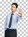 young businessman showing a stop gesture  isolated on a png background.